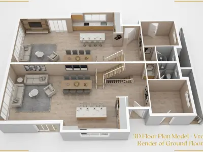 Set of Three 3D Floor Plans with Texture Furniture and Rendering 3D model