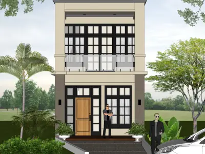 Facade house with two stories and car 3D model