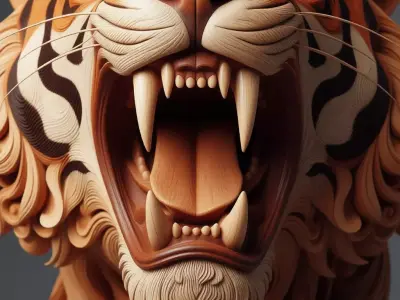 Roaring Tiger Head Sculpture Wooden Carving Swirling Patterns Low-poly 3D model