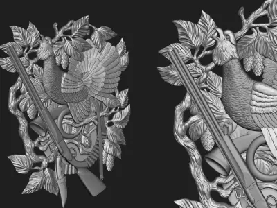 Hunting wood carving with eagle 3D print model