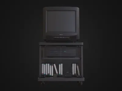 CRT Television with TV stand VCR player and VHS tapes Low-poly 3D model