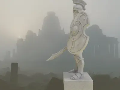 Stylized Ancient Greek Warrior Stone Statue Axe Shield Low-poly 3D model