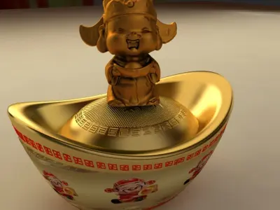Chinese gold ingot with god of weathy 3D model
