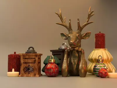 Christmas Decoration Reindeer Bust Lanterns Baubles and Candle  3D print model