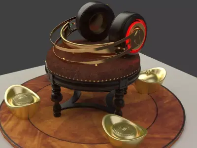 Chinese gold ingot  with neon headphone  3D model