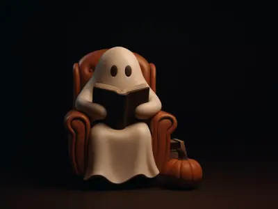 Cozy Ghost Reading in Chair with Pumpkin Cute Halloween  3D print model