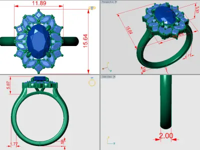 Oval shape halo ring encircled by square and marquise stones 3D print model