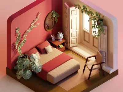 cosy burgundy bedroom Low-poly 3D model