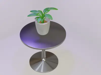 Clay Pot with Leaves on Steel Table Low-poly 3D model