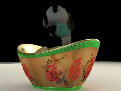 Chinese gold Ingot with panda doll    3D model
