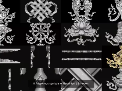 8 Auspicious symbols of Buddhism 3D Model Collection