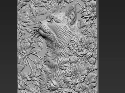 Cat Head with Flowers Background A29 3D print model