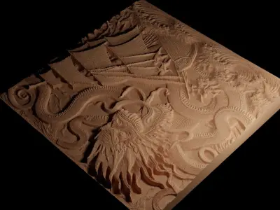 Kraken Attacking Ship CNC 3d Print High Relief Sand Casting 3D print model