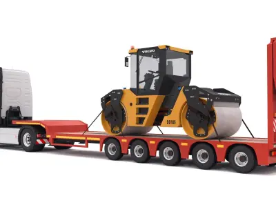 Volvo fh16 and Lowboy Trailer with DD105 Road Roller Compactor 3D model