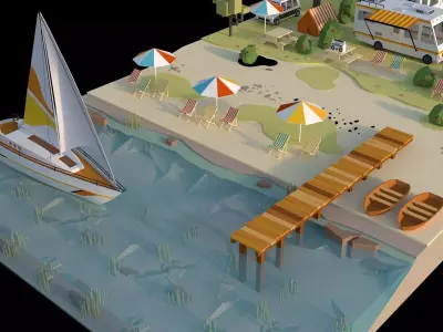Low poly isometric camping and beach scenes Low-poly 3D model