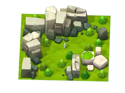 Cartoon Level Ground Tree Stone Cliff Low-poly 3D model