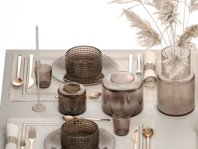table setting for 4 persons with a bouquet of pampas grass  3D model
