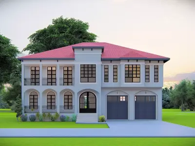 Elegant Mediterranean Style Two-Story Villa with Red Roof 3D model