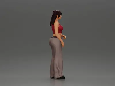 Chola girl with pigtails standing in flared pants 3D print model