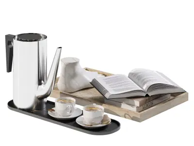 Coffee set 11 - tray pot cup books figurine 3D model