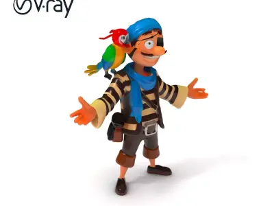 Cheerful Pirate with Parrot D Model  Rigged and Animated Low-poly 3D model