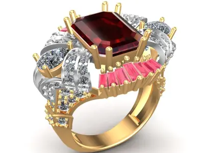 King Crown Big Emerald Cut Diamonds Ring 3D print model