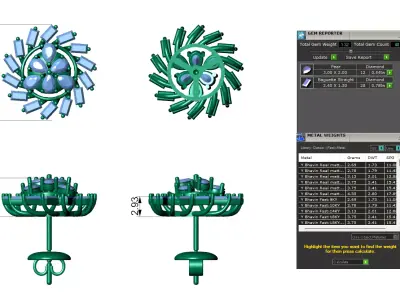 Sunburst Baguette Diamond Stud Earrings With Floral Style 3D print model