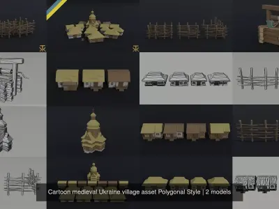 Cartoon medieval Ukraine village asset Polygonal Style 3D Model Collection