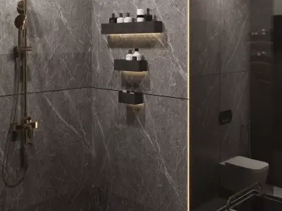 Luxury Bathroom-Gray Stone Finish with Warm Accent Lighting 3D model
