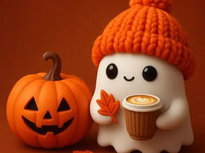 Cute Ghost Drinking Coffee and Jack o Lantern 3D print model
