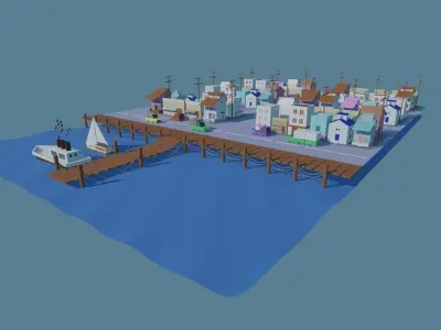 Neighborhood city with boats on dock 3D model