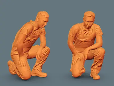 Foreman in Overalls Sitting on One Knee 3D model
