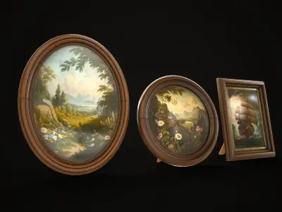Vintage photo frames and paintings Low-poly 3D model
