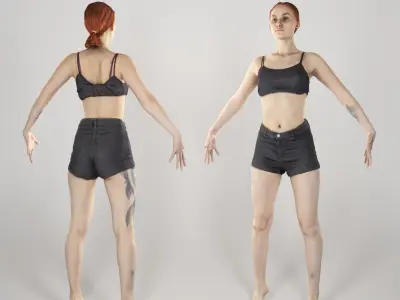 Slim woman with tattoo in A-pose 148 Low-poly 3D model