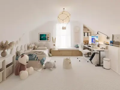 Cozy and Bright Kids Bedroom Interior with Study 3d virtual Tour 3D model