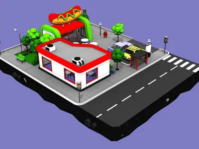Hot Dog Cafe Block from Cartoon Low Poly City Low-poly 3D model