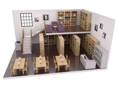 Library with bookshelves and stairs Low-poly 3D model