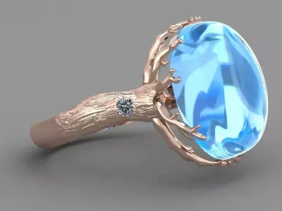 Blue topaz Oval Tree Rose Gold Women Diamond Ring 3D print model 3D print model