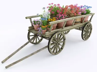 wooden cart flower pot 3D model