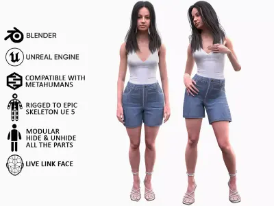 Woman - Summer Outfit - Modular - Rigged - Animated Low-poly 3D model