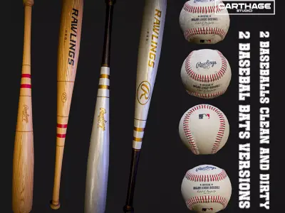 Baseball Bats and Balls Asset Pack Low-poly 3D model