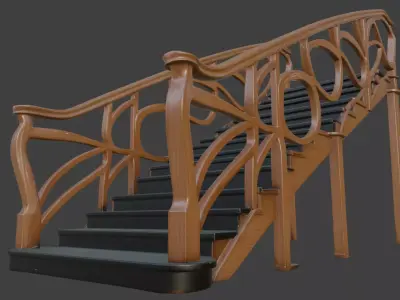 Art Nouveau Wooden Staircase Ornate Curved Railings PBR 3D Model 3D model