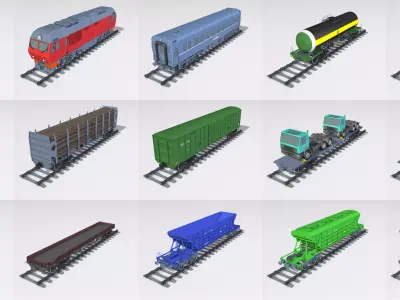 A complete set of railway cars plus two diesel locomotives 3D model