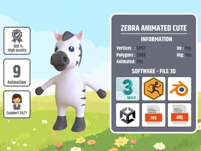 High-Quality 3D Cute Zebra - Animated for Games Low-poly 3D model