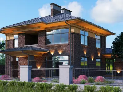 Brown Wright - style house with a raised roof 3D model