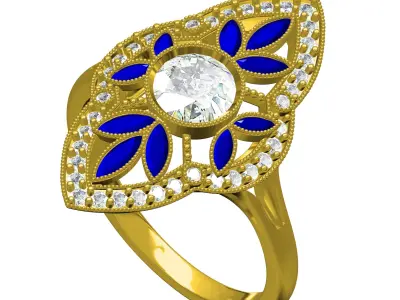 Blue Sapphire Marquise and Round Diamond Art Deco Ring 3D print model
