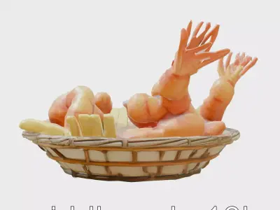 Fried Shrimp Basket Rustic Food model pack Low-poly 3D model