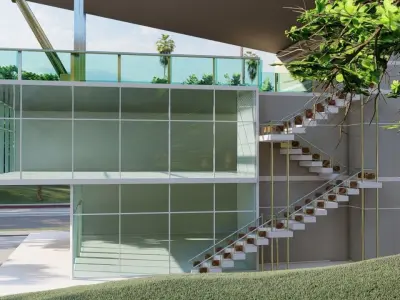 Building modern glass house in woods 3D model