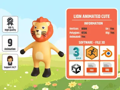 High-Quality 3D Cute Lion - Animated for Games  Low-poly 3D model