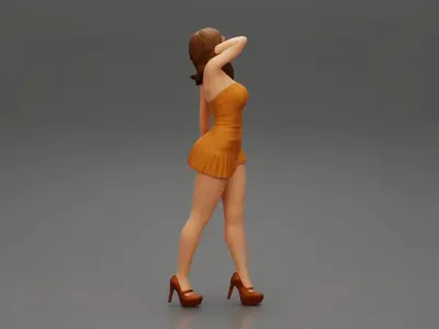 fashion girl walking with hand in hair in mini dress 3D print model